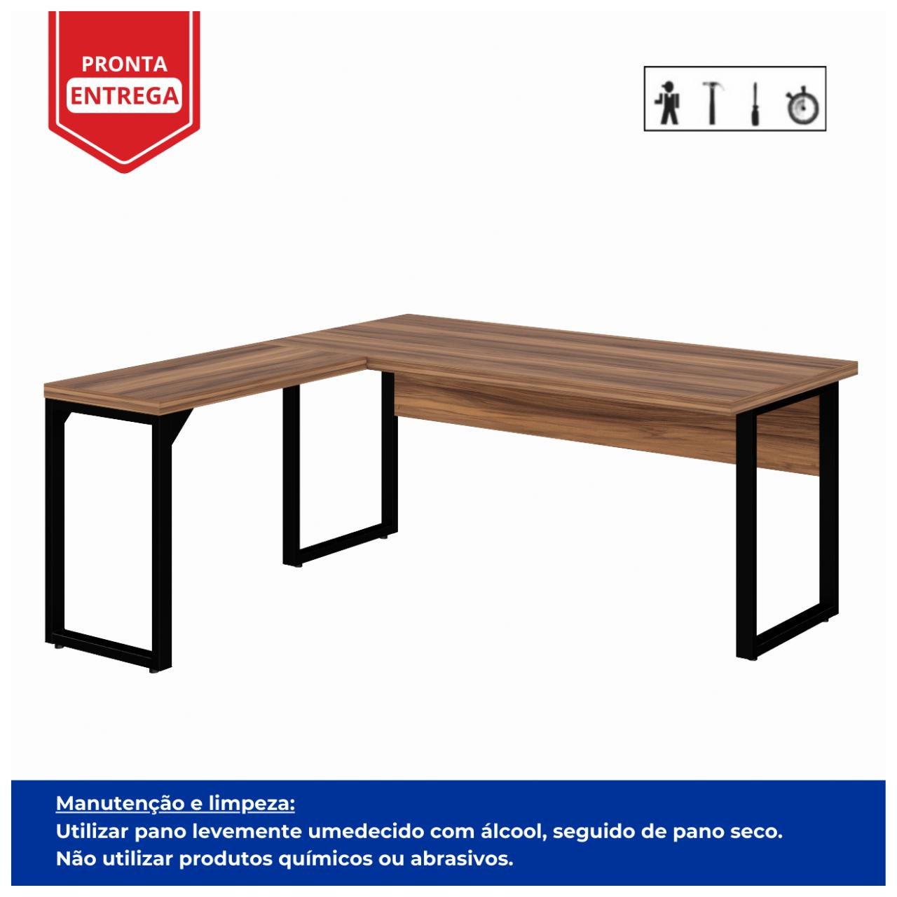 Mesa em L PÉ QUADRO (Mesa 1,70m + Mesa Auxiliar) - S/ Gavetas NOGAL SEVILHA/PRETO - 24478 - Imagem 2