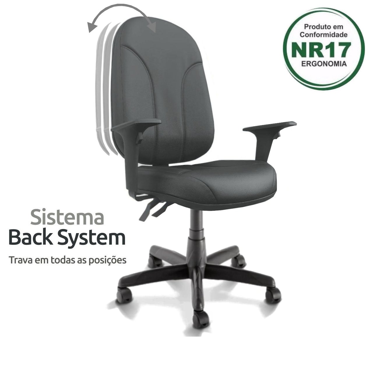 Cadeira Presidente PLUS BACK SYSTEM Baixa Costurada c/ Braços Reguláveis - Corino Preto - 32974 - Imagem 2