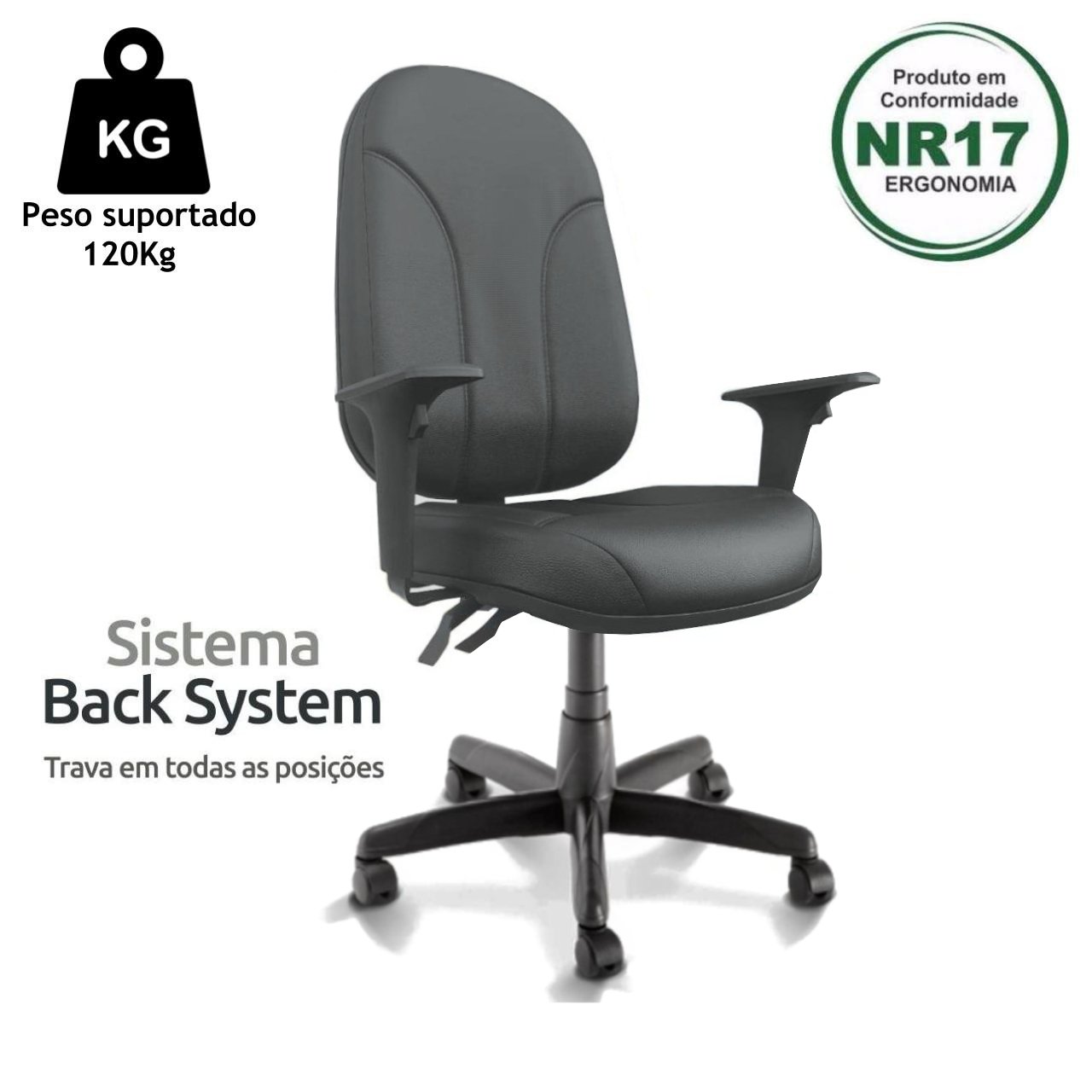 Cadeira Presidente PLUS BACK SYSTEM Baixa Costurada c/ Braços Reguláveis - Corino Preto - 32974 - Imagem 3