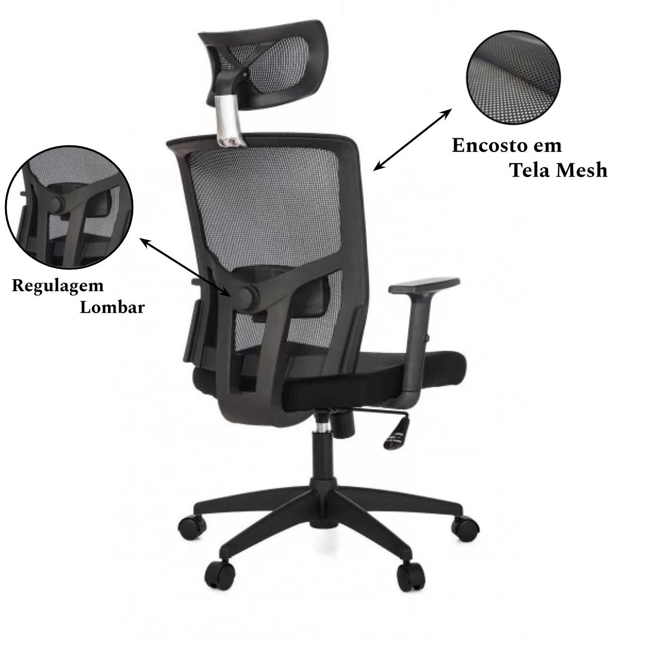 Poltrona Presidente Tela ANM-312P - C/ Encosto de Cabeça - Cor Preto - BLUME - 32981 - Imagem 2