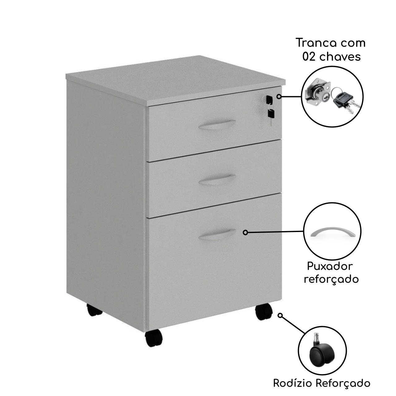 Gaveteiro Volante 03 Gav. 0,67x0,46x0,40m - JOB - CINZA/CINZA - 21210 - Imagem 3