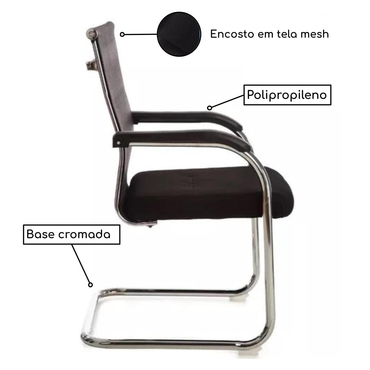 Cadeira Interlocutor Tela DUBAI (Fixa) base Cromada - PMD - Cor Preto - 31018 - Imagem 3