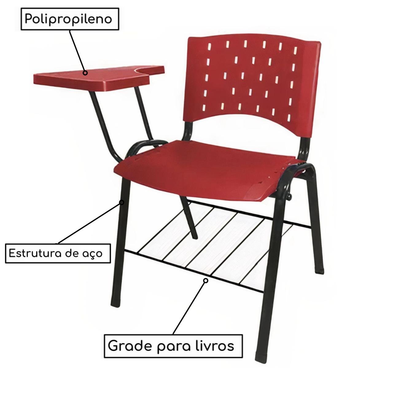 Cadeira Universitária PRANCHETA PLÁSTICA com Porta Livros - Cor Vermelho 32020 - Imagem 2