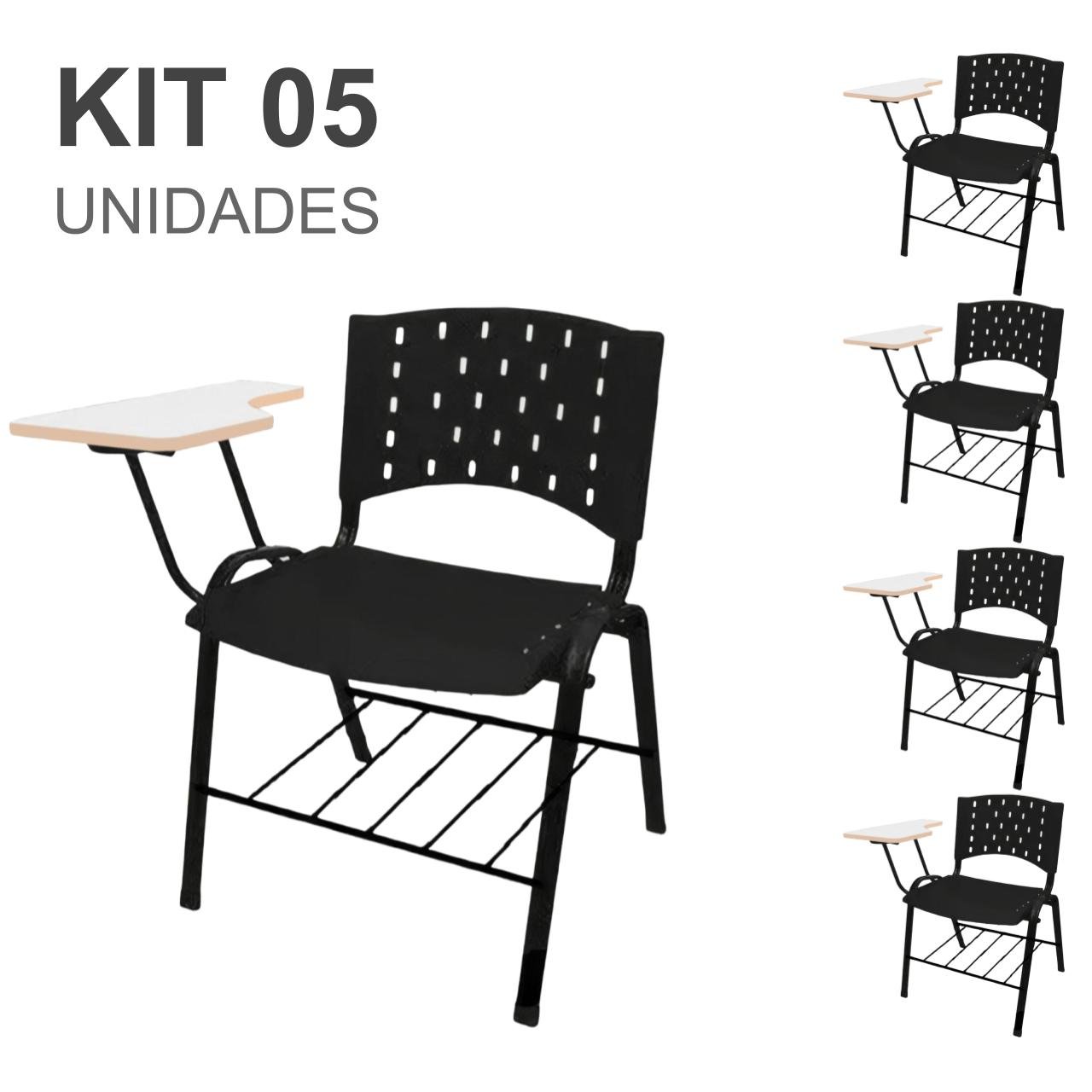 KIT 05 Cadeiras Universitárias c/ porta livros REALPLAST - Cor Preto 33013