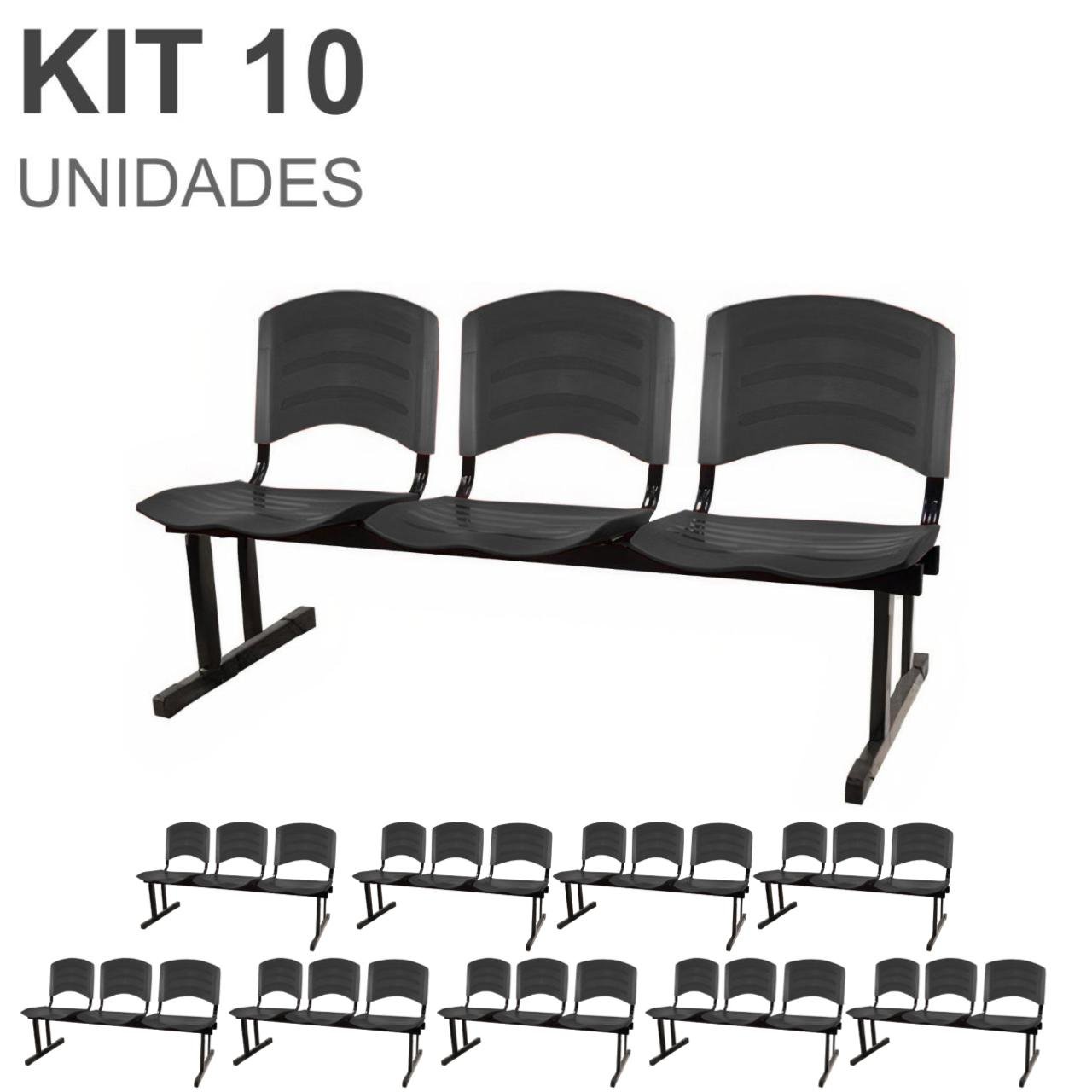Kit 10 Cadeiras Longarinas PLÁSTICA 03 Lugares - Cor PRETO 33039
