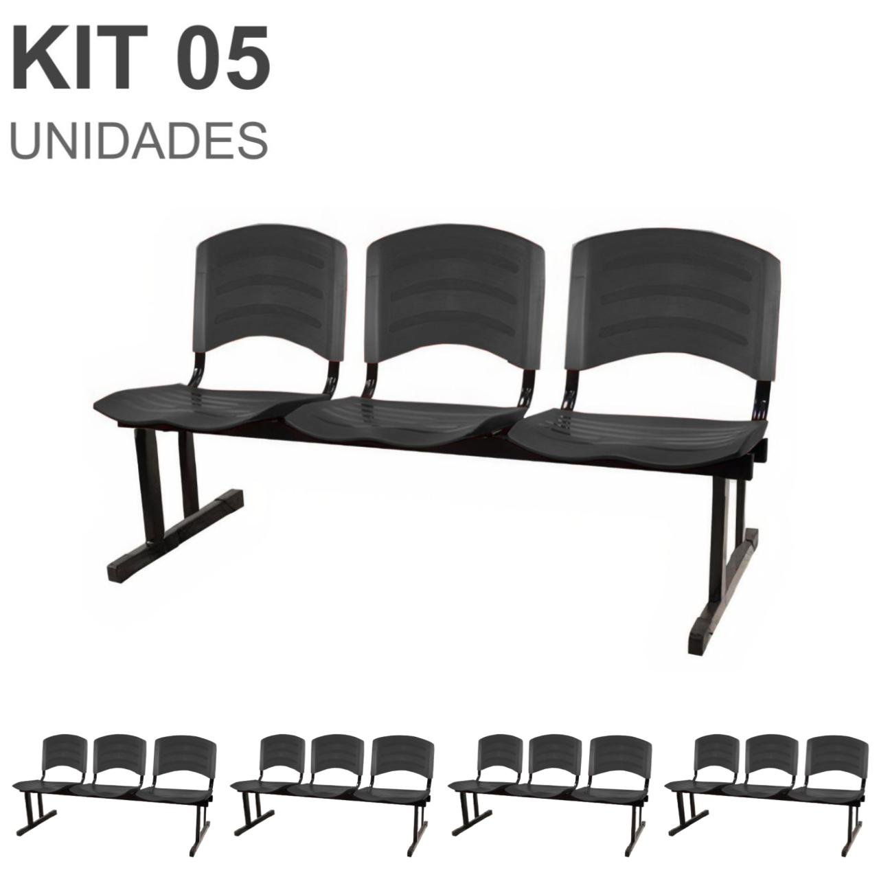 Kit 05 Cadeiras Longarinas PLÁSTICA 03 Lugares - Cor PRETO 33034