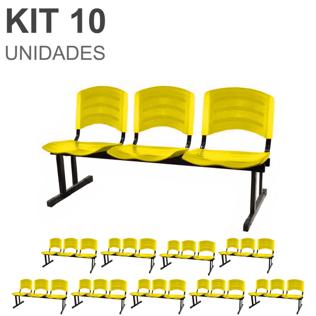 Kit 10 Cadeiras Longarinas PLÁSTICAS 03 Lugares - Cor Amarelo 33085