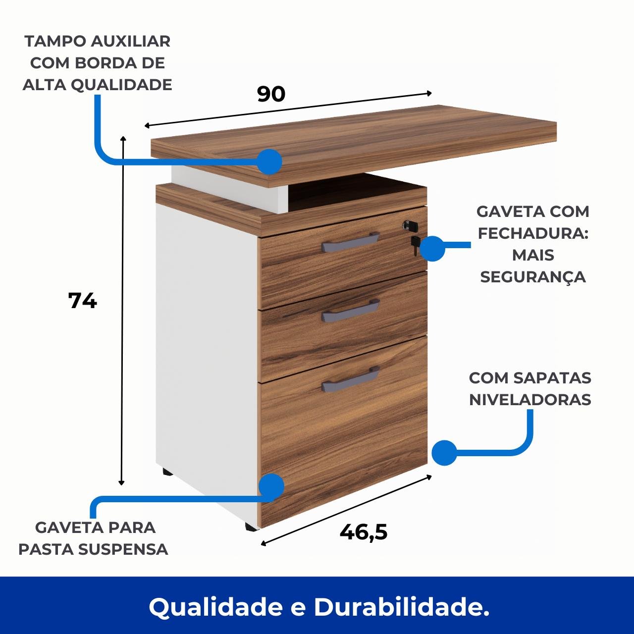 Mesa AUXILIAR c/ 03 Gavetas Pedestal - NOGAL SEVILHA/BRANCO – 34309 - Imagem 2