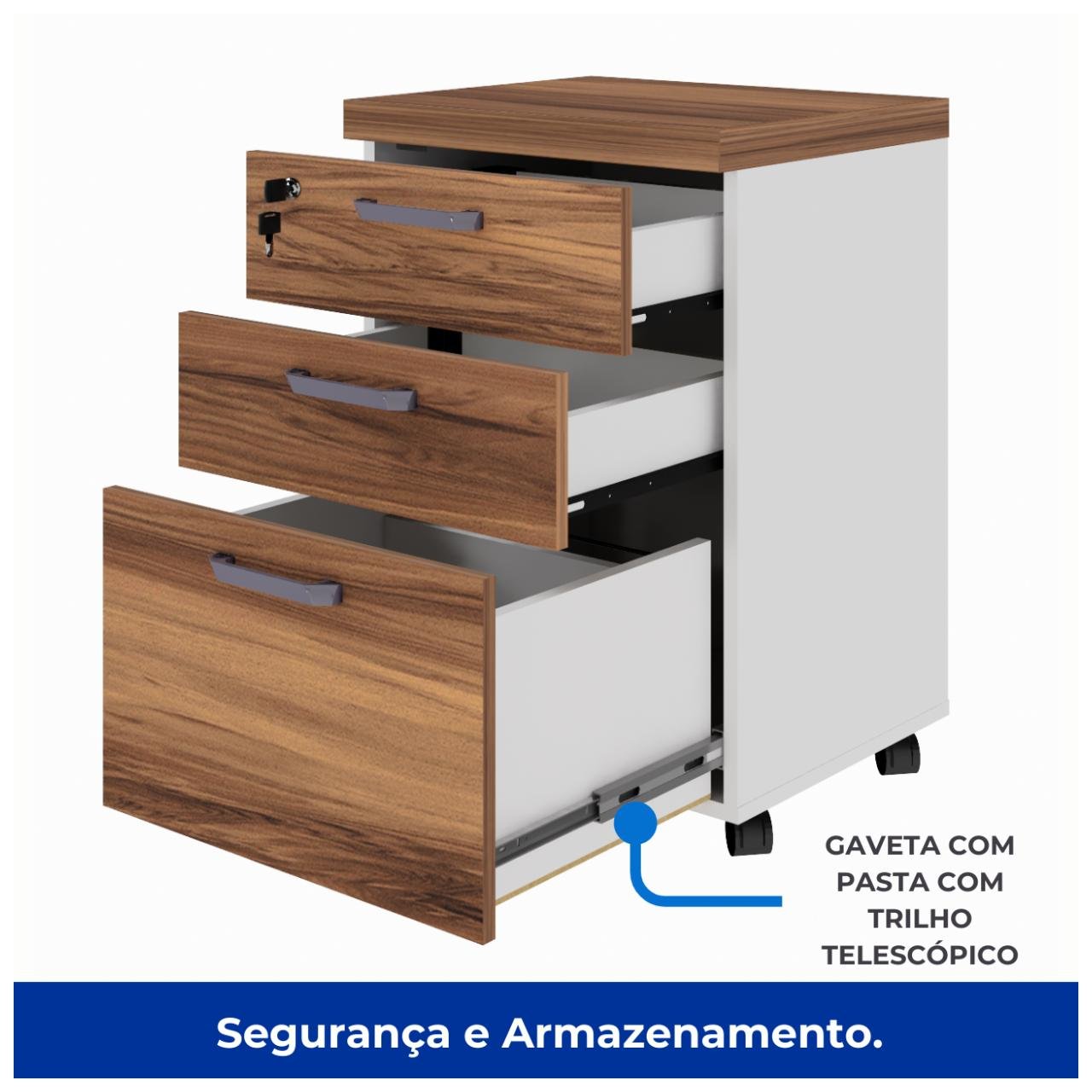 Gaveteiro Volante 03 Gav – 0,68×0,46×0,40m NOGAL SEVILHA/BRANCO - 34313 - Imagem 3