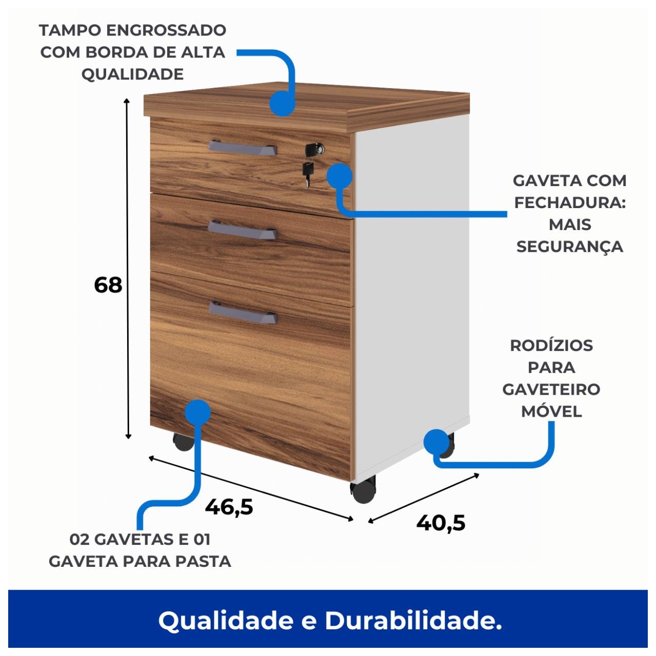Gaveteiro Volante 03 Gav – 0,68×0,46×0,40m NOGAL SEVILHA/BRANCO - 34313 - Imagem 5