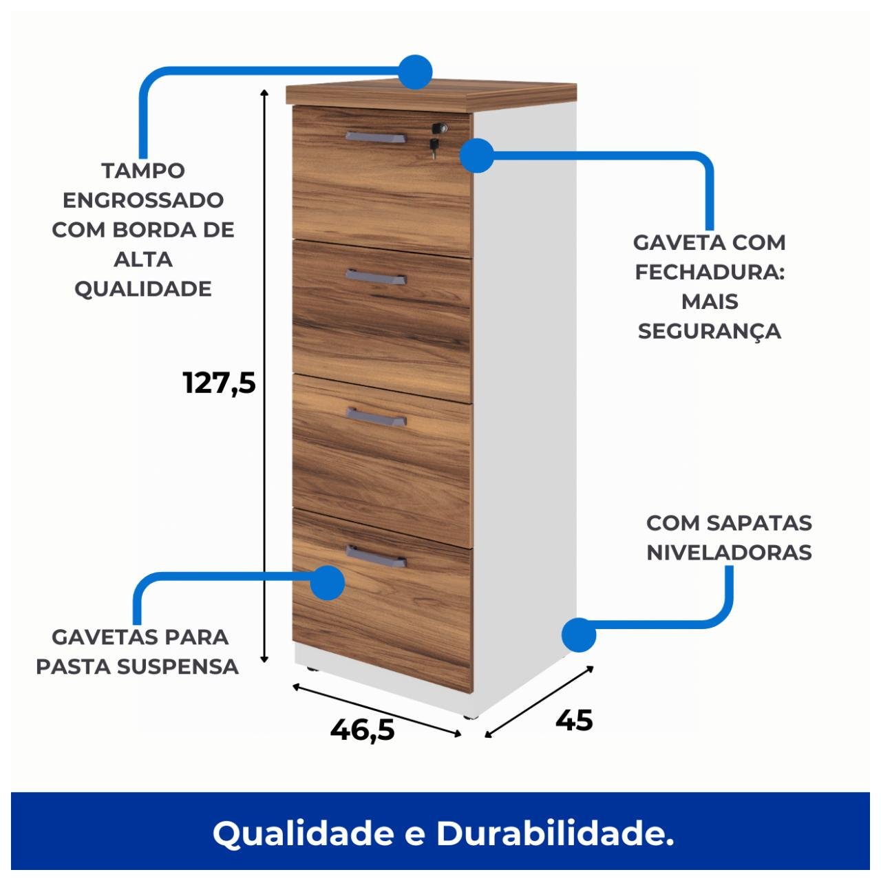 Arquivo 04 Gavetas Pasta Suspensa – 1,28×0,46×0,45m NOGAL SEVILHA/BRANCO – 34314 - Imagem 2