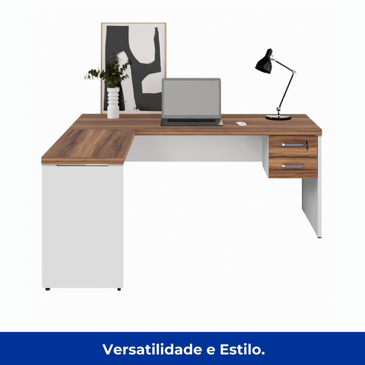 Mesa em L (Mesa 1,50m + Mesa Auxiliar) - C/ Gavetas - WORKSTART - NOGAL SEVILHA/BRANCO - 34324 - Imagem 4