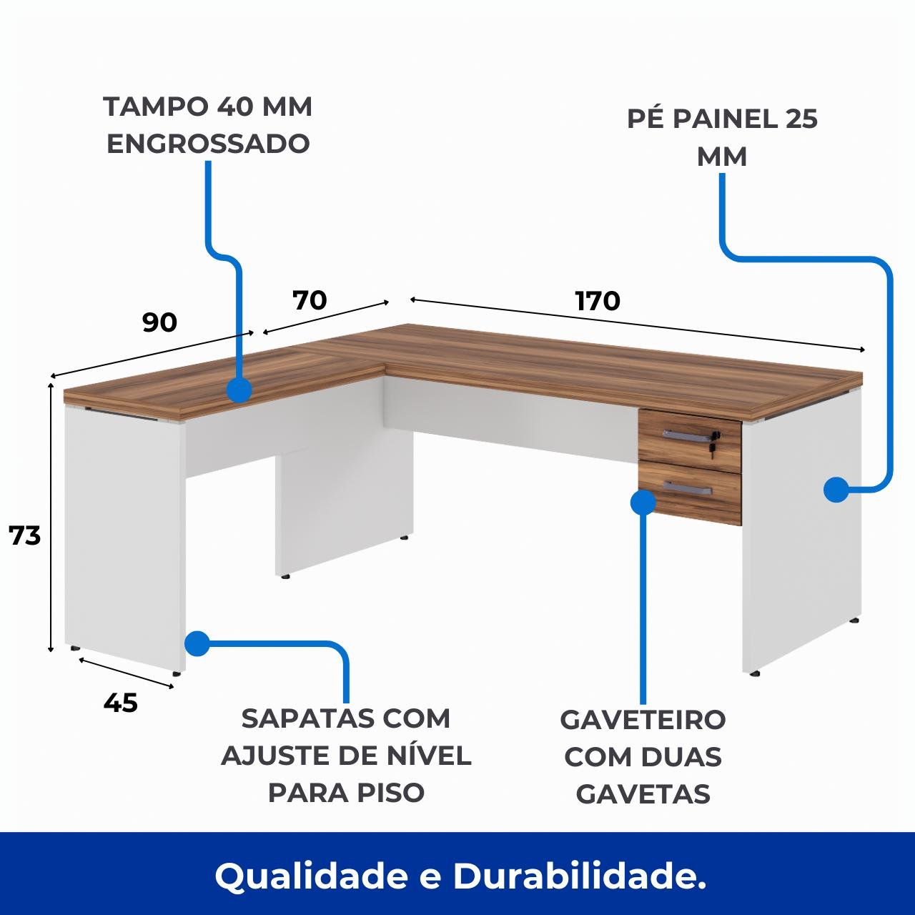 Mesa em L (Mesa 1,70m + Mesa Auxiliar) - C/ Gavetas - WORKSTART - NOGAL SEVILHA/BRANCO - 34326 - Imagem 4