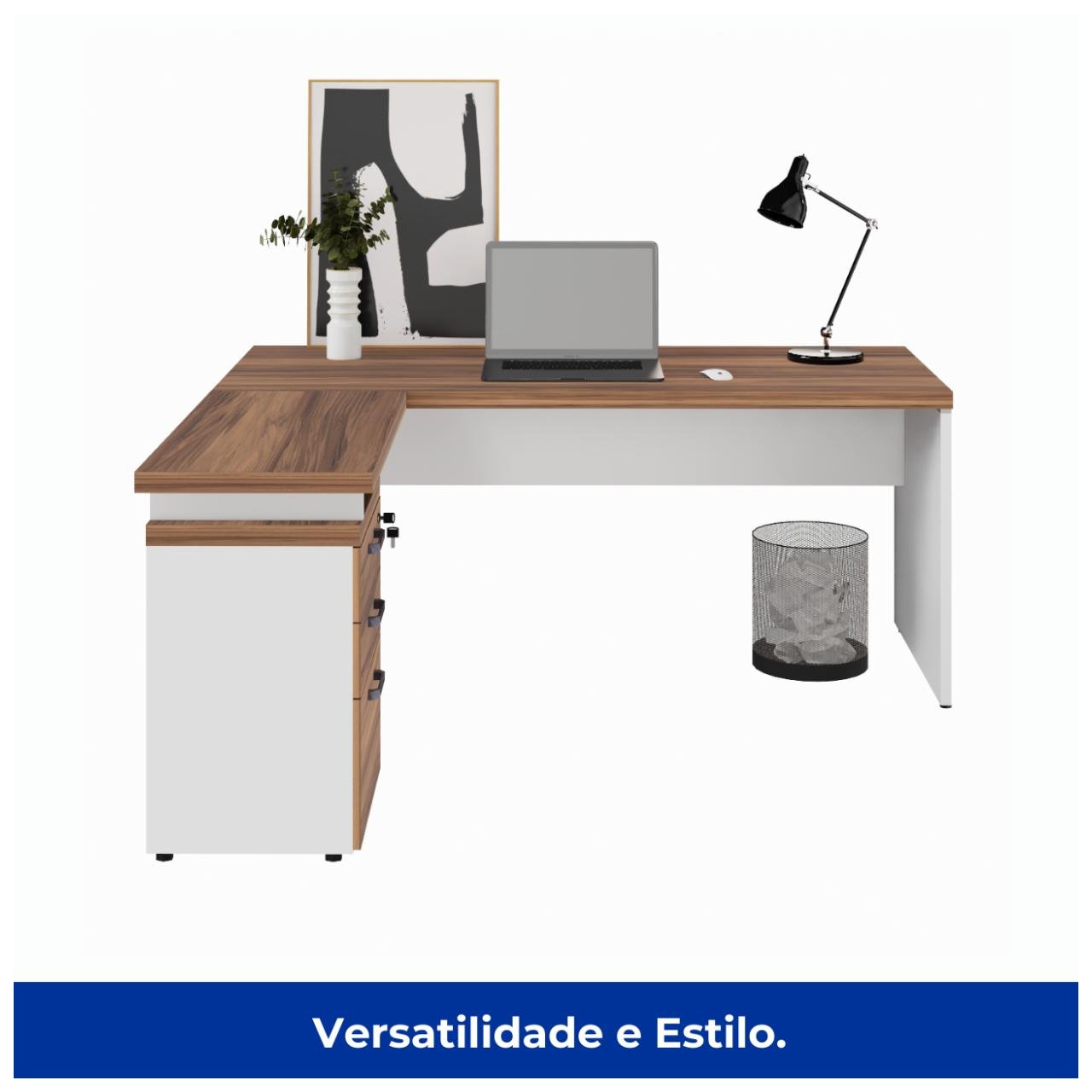 Mesa Escritório em "L" c/ Gavetão na Auxiliar 1,70x1,50m - WORK START - NOGAL SEVILHA/BRANCO - 34328 - Imagem 2