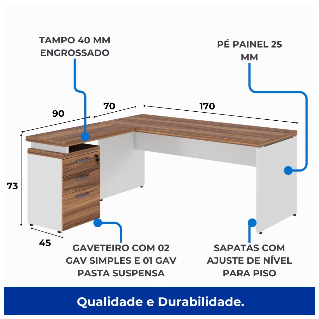 Mesa Escritório em "L" c/ Gavetão na Auxiliar 1,70x1,50m - WORK START - NOGAL SEVILHA/BRANCO - 34328 - Imagem 4