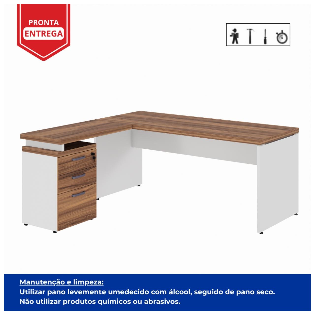 Mesa Escritório em "L" c/ Gavetão na Auxiliar 1,70x1,50m - WORK START - NOGAL SEVILHA/BRANCO - 34328 - Imagem 3