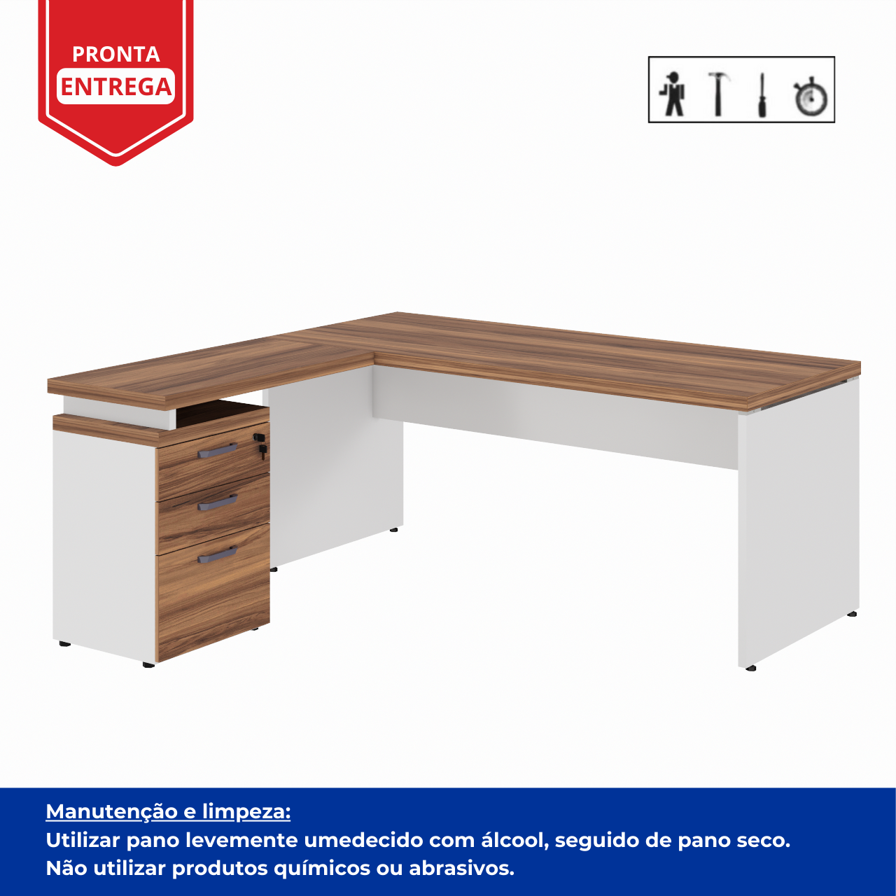 Mesa Escritório em "L" c/ Gavetão na Auxiliar 1,50x1,50m - WORK START - NOGAL SEVILHA/BRANCO - 34327 - Imagem 3