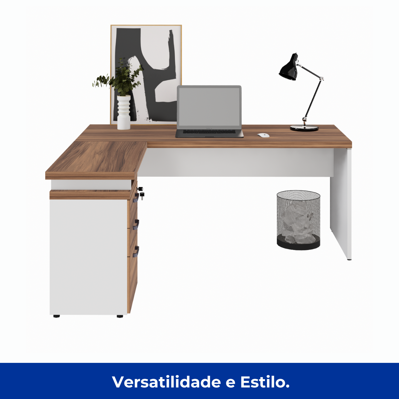 Mesa Escritório em "L" c/ Gavetão na Auxiliar 1,50x1,50m - WORK START - NOGAL SEVILHA/BRANCO - 34327 - Imagem 2