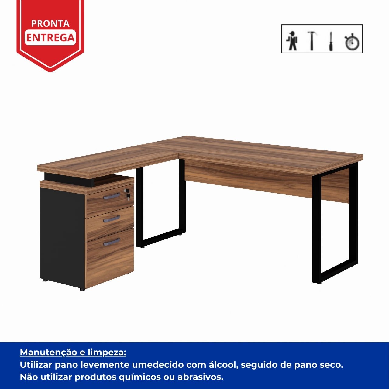 Mesa Escritório em “L” c/ Gaveteiro 1,70×1,60m NOGAL SEVILHA/PRETO – 24481 - Imagem 2