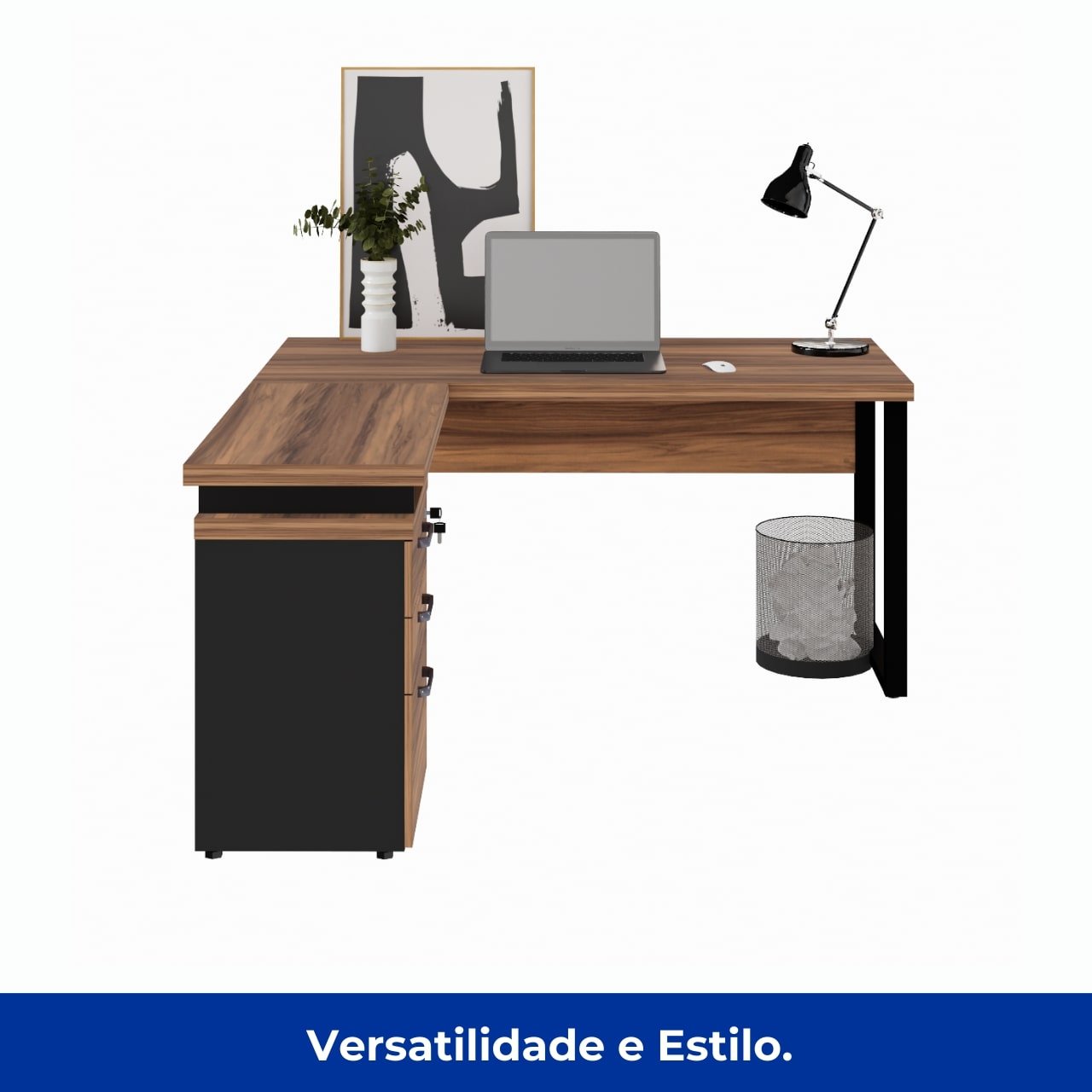 Mesa Escritório em “L” c/ Gaveteiro 1,70×1,60m NOGAL SEVILHA/PRETO – 24481 - Imagem 3