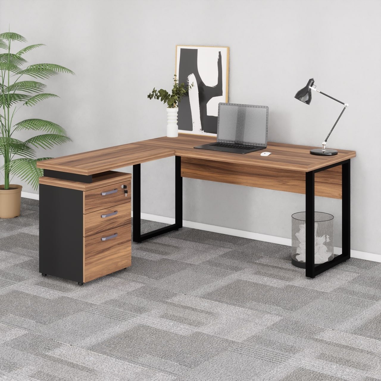 Mesa Escritório em “L” c/ Gaveteiro 1,70×1,60m NOGAL SEVILHA/PRETO – 24481 - Imagem 5