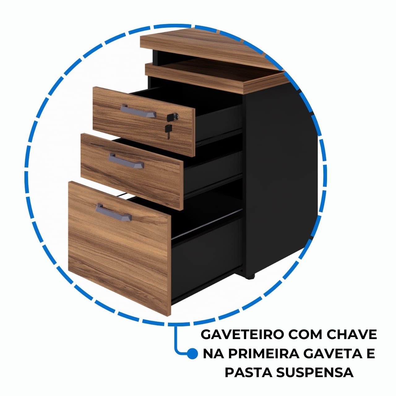 Mesa Escritório em “L” c/ Gaveteiro 1,70×1,60m NOGAL SEVILHA/PRETO – 24481 - Imagem 6