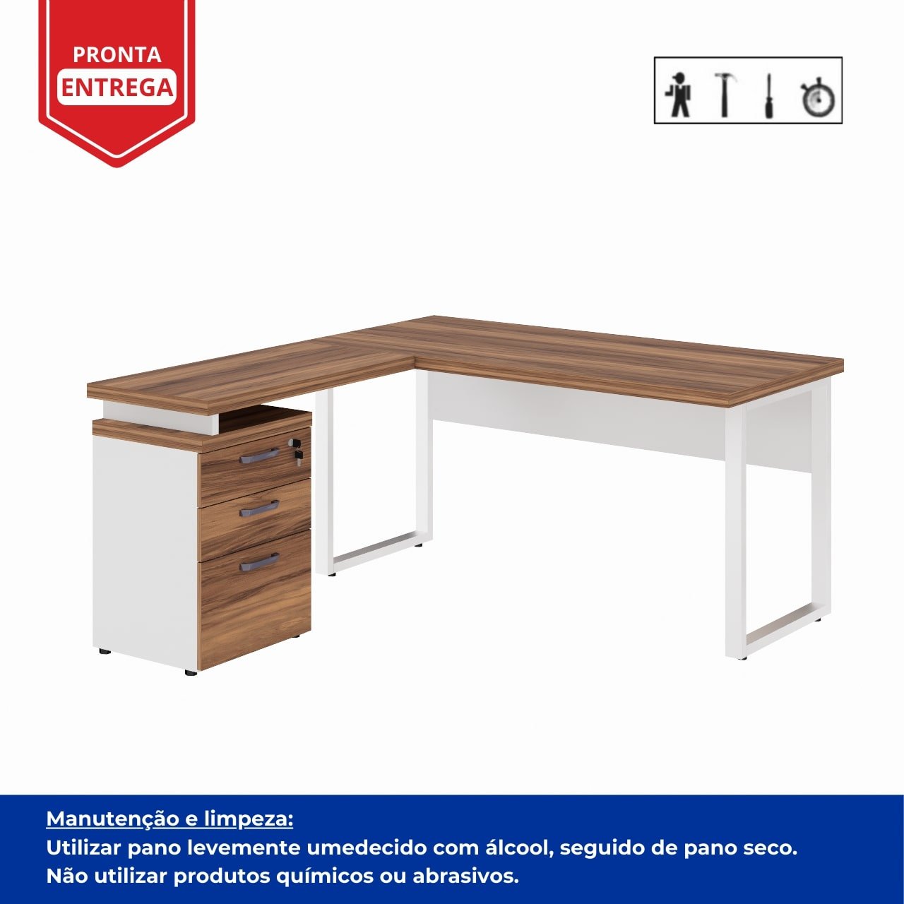 Mesa Escritório em “L” c/ Gaveteiro 1,70×1,60m NOGAL SEVILHA/BRANCO - 34340 - Imagem 3