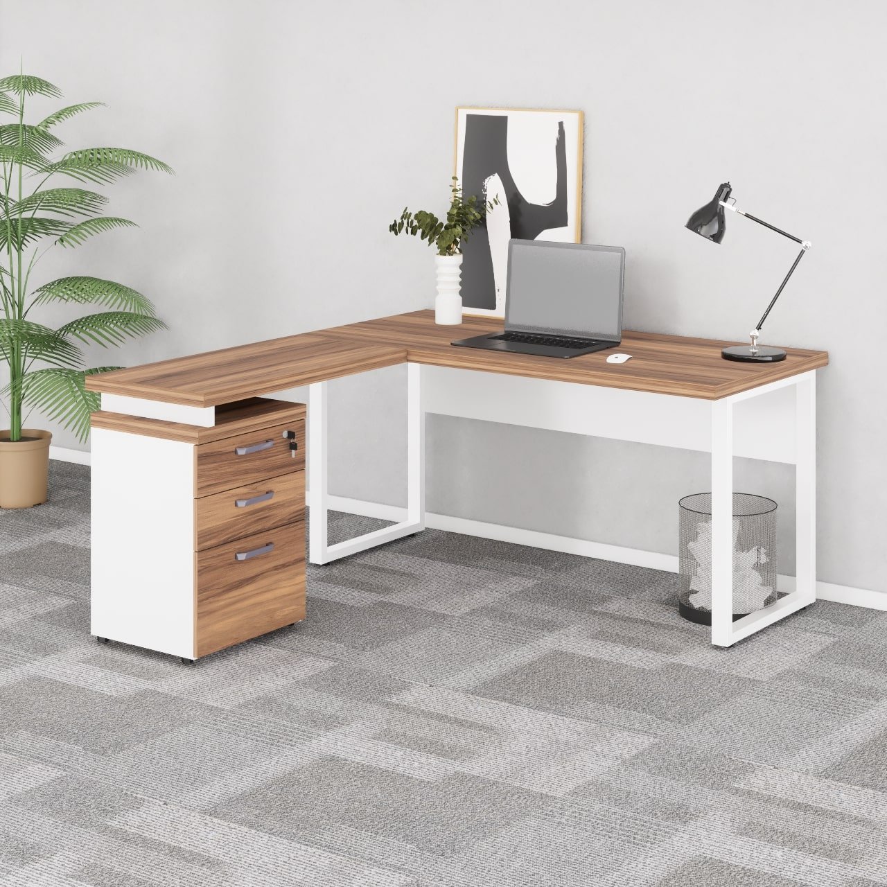 Mesa Escritório em “L” c/ Gaveteiro 1,70×1,60m NOGAL SEVILHA/BRANCO - 34340 - Imagem 6