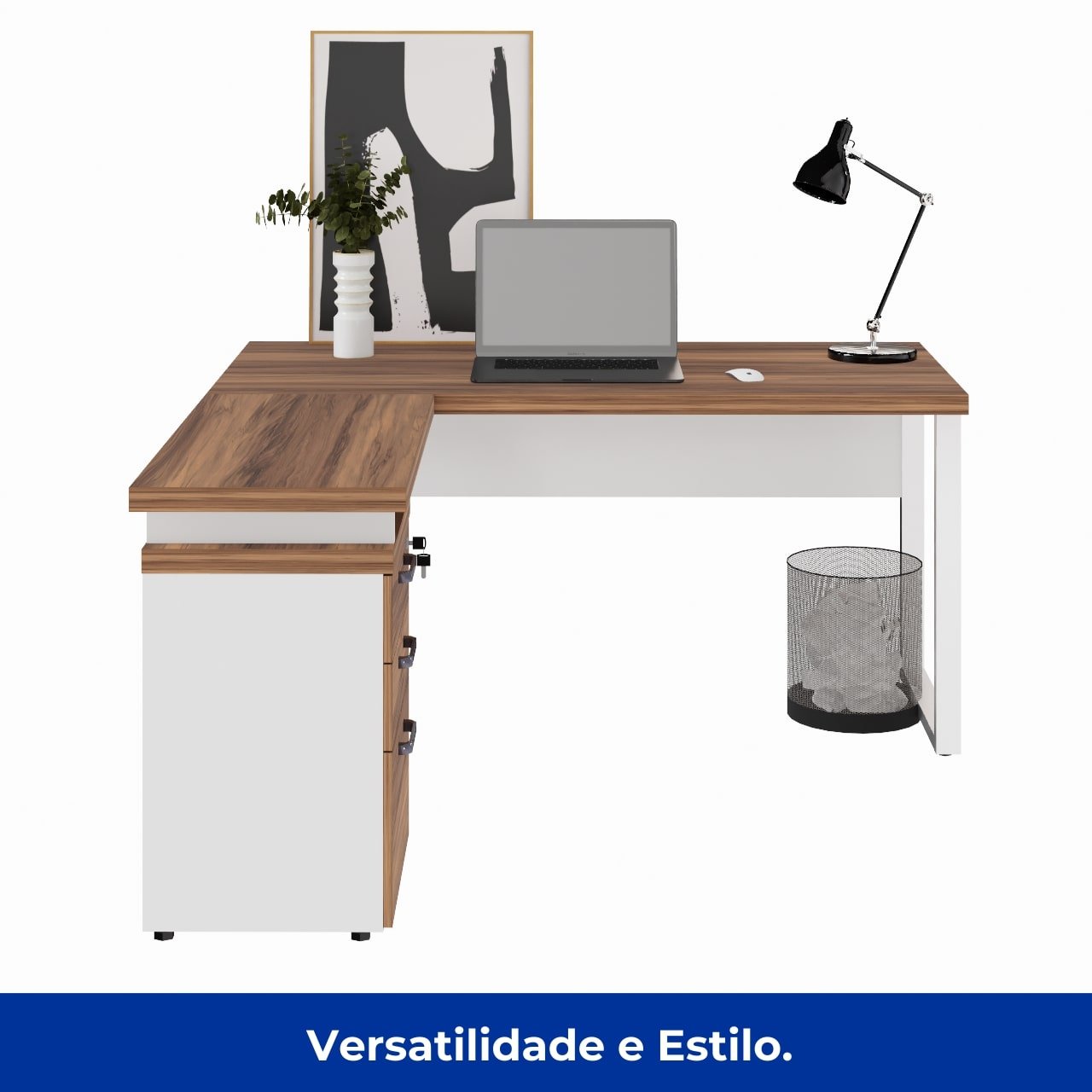 Mesa Escritório em “L” c/ Gaveteiro 1,70×1,60m NOGAL SEVILHA/BRANCO - 34340 - Imagem 4