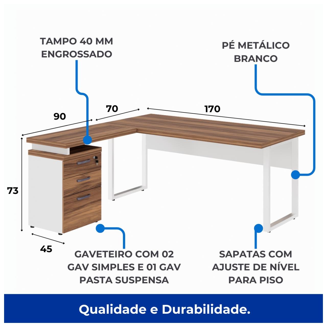 Mesa Escritório em “L” c/ Gaveteiro 1,70×1,60m NOGAL SEVILHA/BRANCO - 34340 - Imagem 2