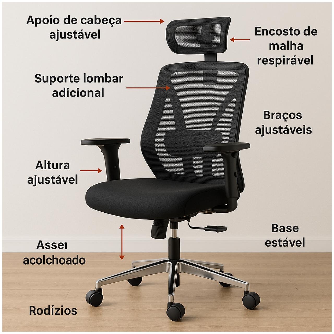 Cadeira Presidente Tela MK-4010 - MAKKON - COR PRETO - 30029 - Imagem 8