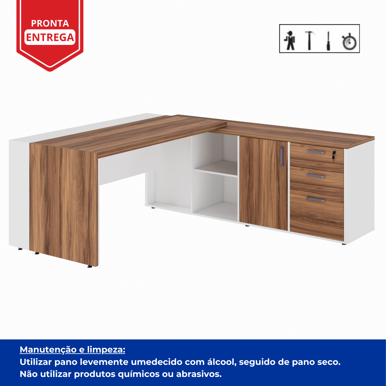 Mesa Escritório PRESIDENTE c/ Armário Pedestal - 1,82x1,80m - NOGAL SEVILHA/BRANCO - 34602 - Imagem 3