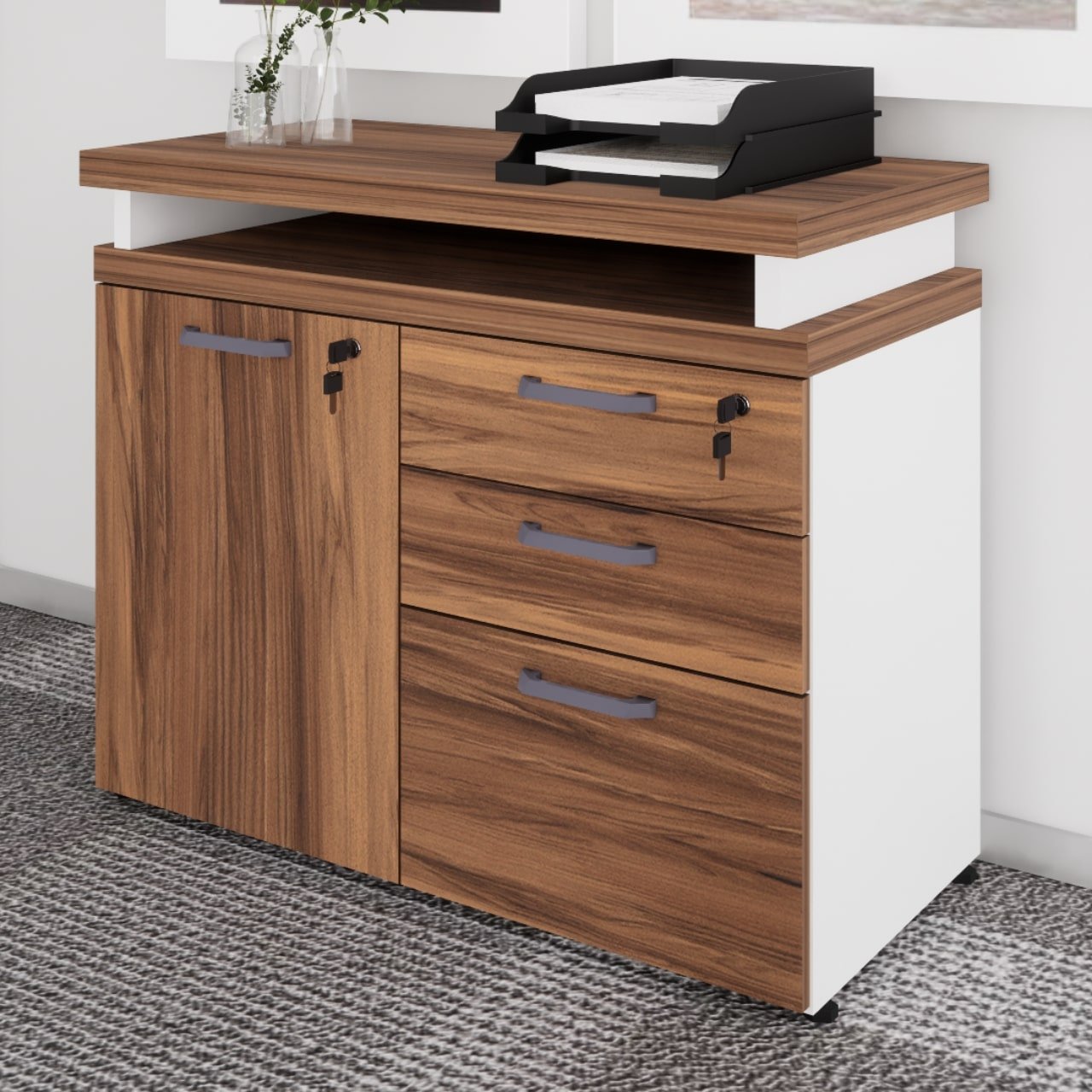 Armário Baixo 03 Gavetas e Porta (MISTO) - NOGAL SEVILHA/BRANCO - 34422 - Imagem 3