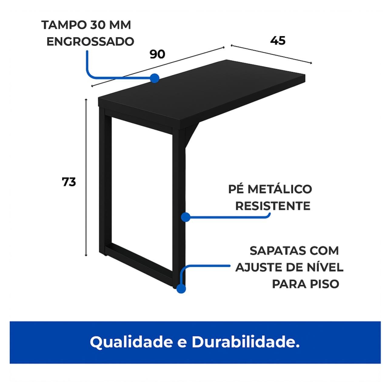 Mesa AUX PÉ QUADRO - 0,90x0,45m - PRETO/PRETO - 26004 - Imagem 2