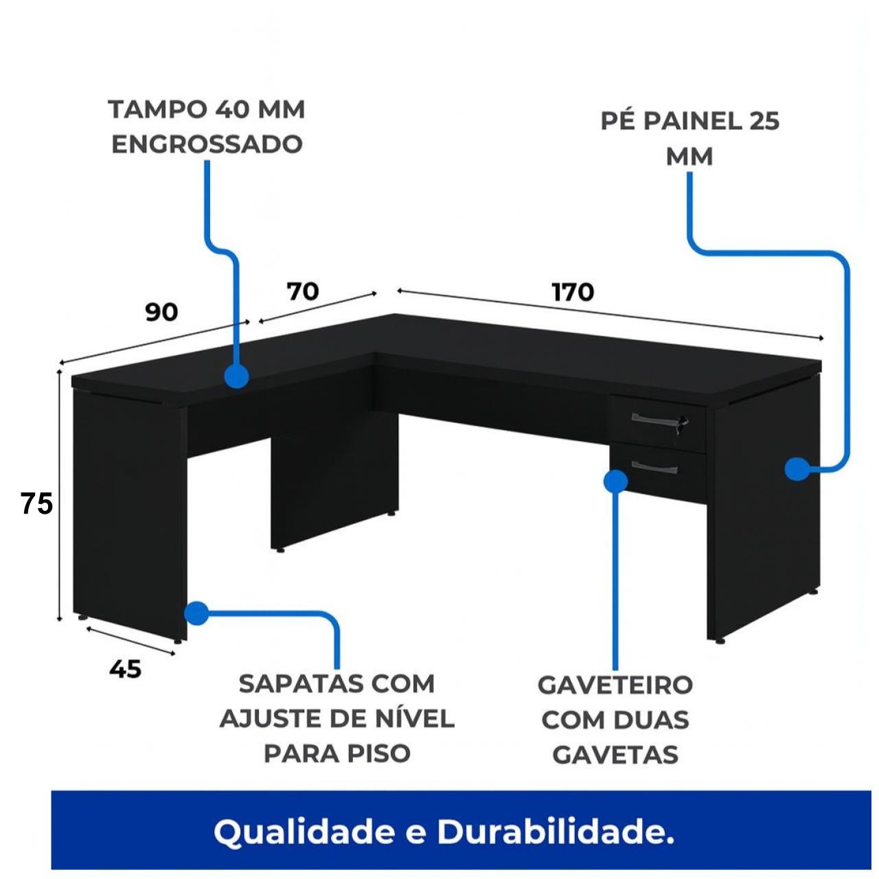 Mesa em L PÉ PAINEL (1,70x0,70m + Mesa Auxiliar) - S/ Gavetas - PRETO / PRETO - 26013 - Imagem 7