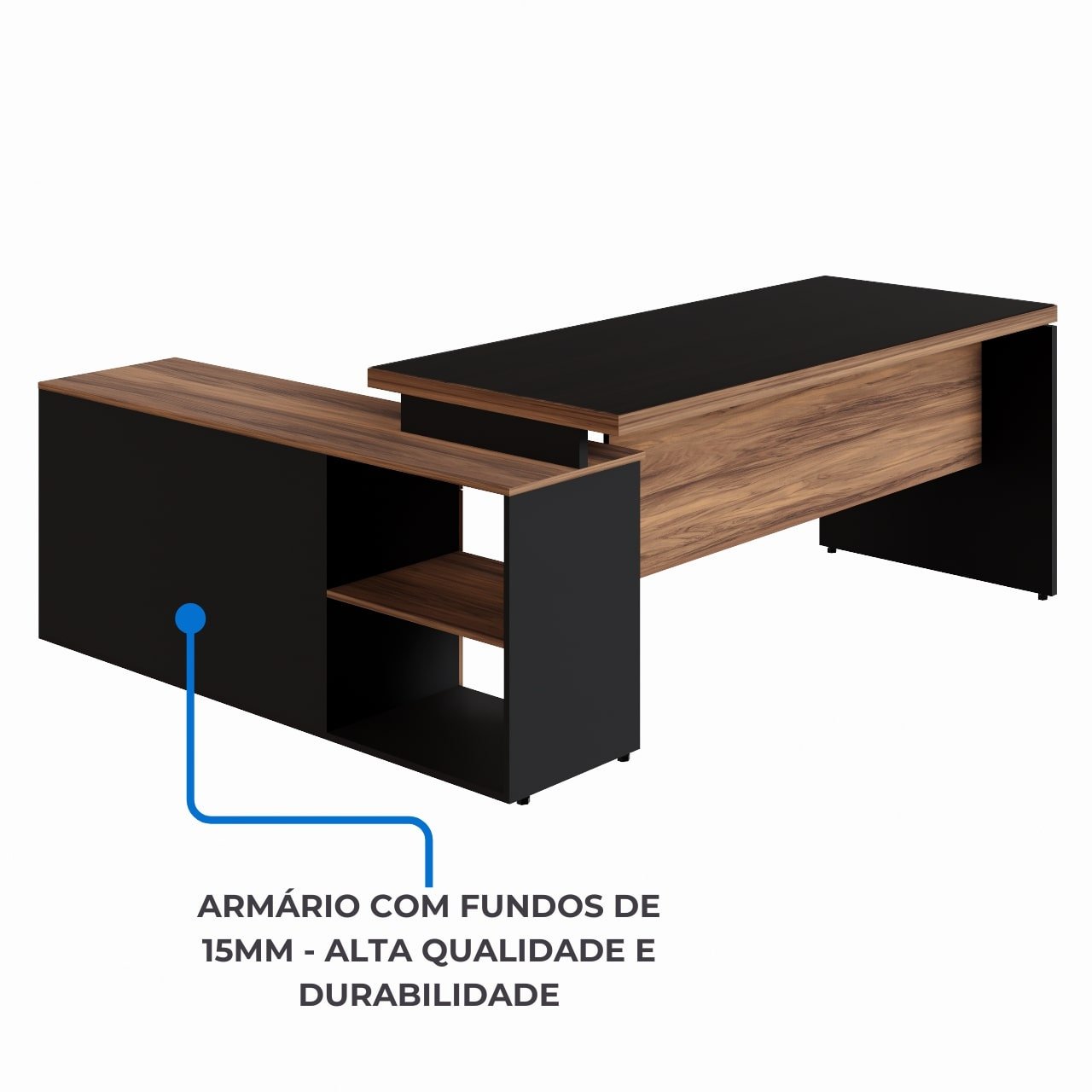 Mesa Diretorzinha c/ vidro c/ Aparador - Pé de MADEIRA - 1,90x1,50m - PMD - NOGAL SEVILHA / PRETO - 21428 - Imagem 9