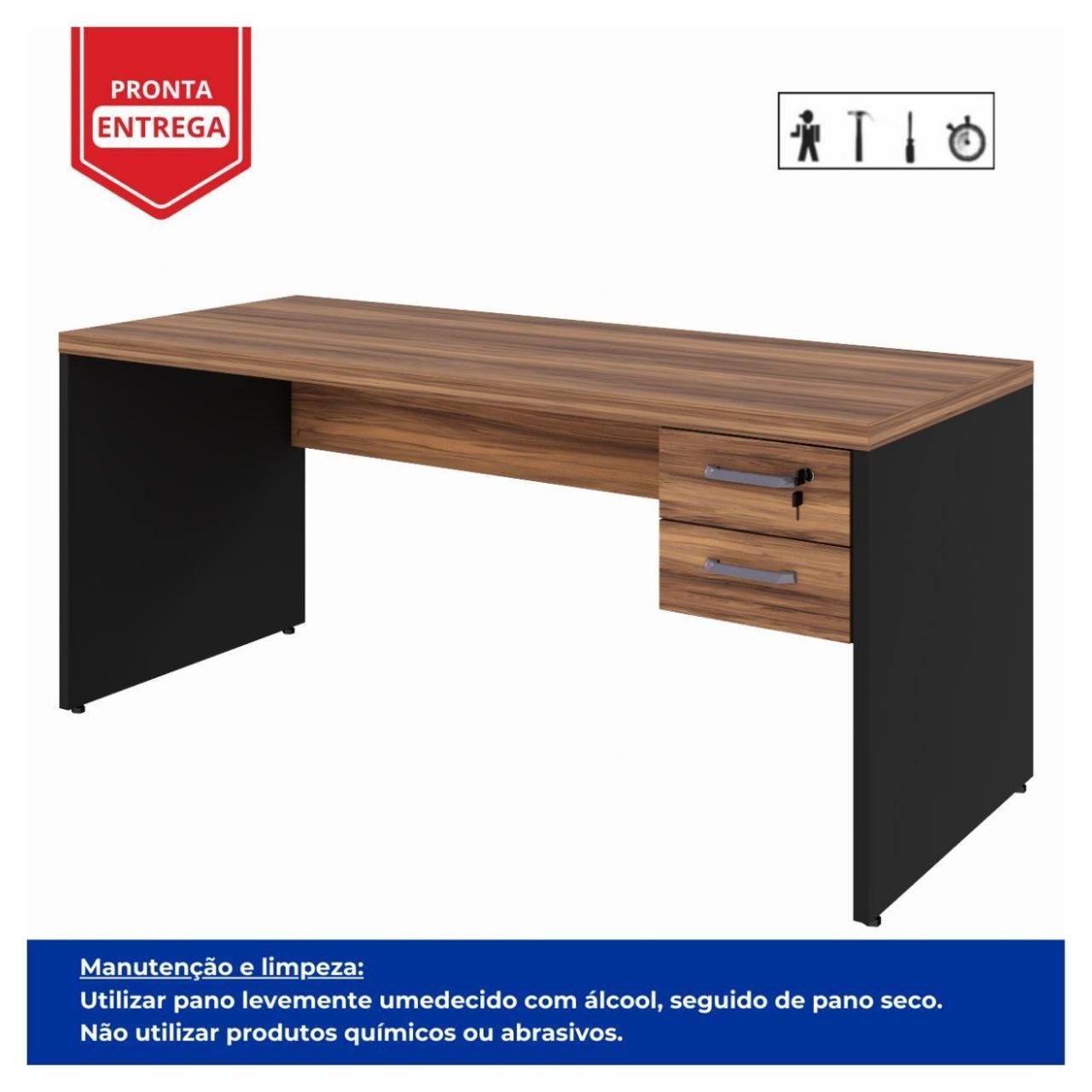 Mesa de Escritório 1,70x0,70m - 02 Gavetas NOGAL SEVILHA/PRETO - 21475 - Imagem 3