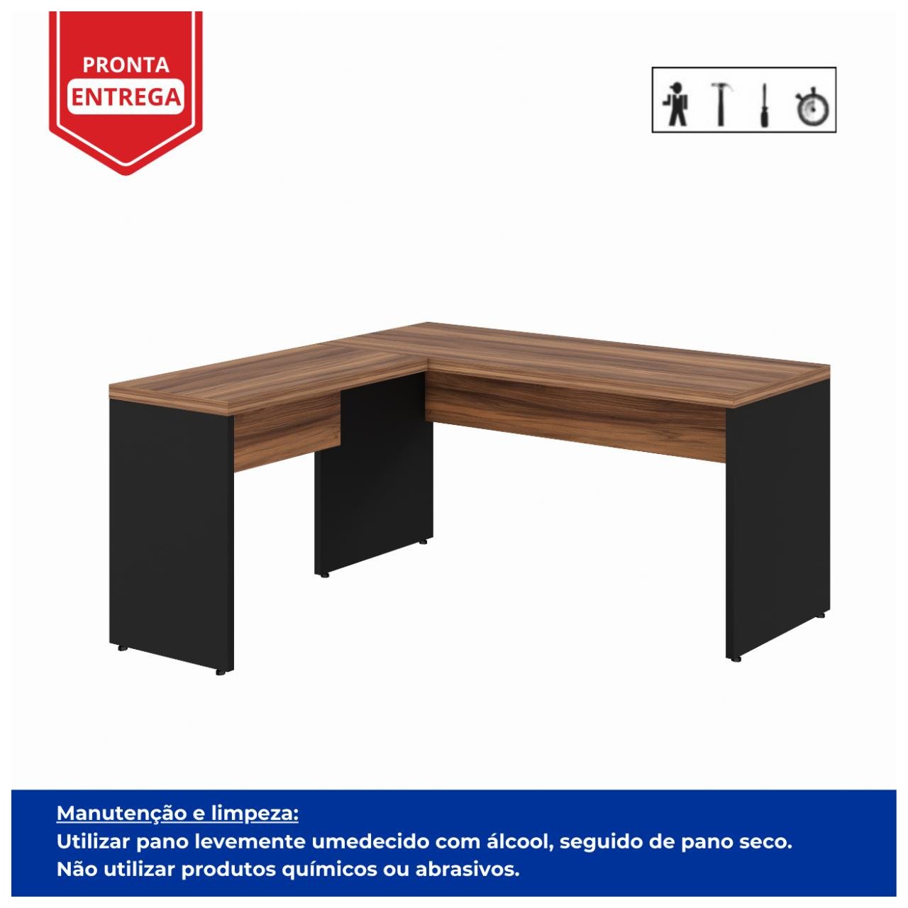 Mesa de Escritório em L (Mesa 1,50m + Mesa Auxiliar) - Sem Gavetas NOGAL SEVILHA/PRETO - 21476 - Imagem 2