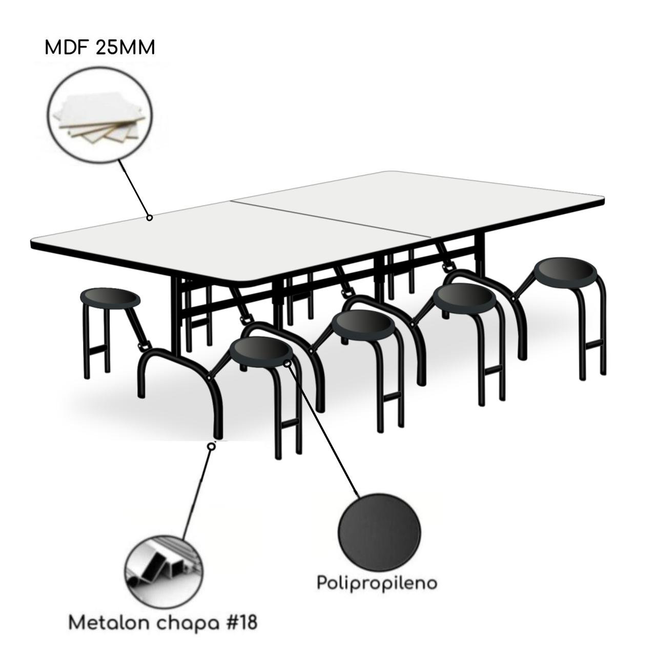 Mesa p/ Refeitório ESCAMOTEÁVEL 08 Lugares - MDP BRANCO DE 25 MM 50047 - Imagem 3