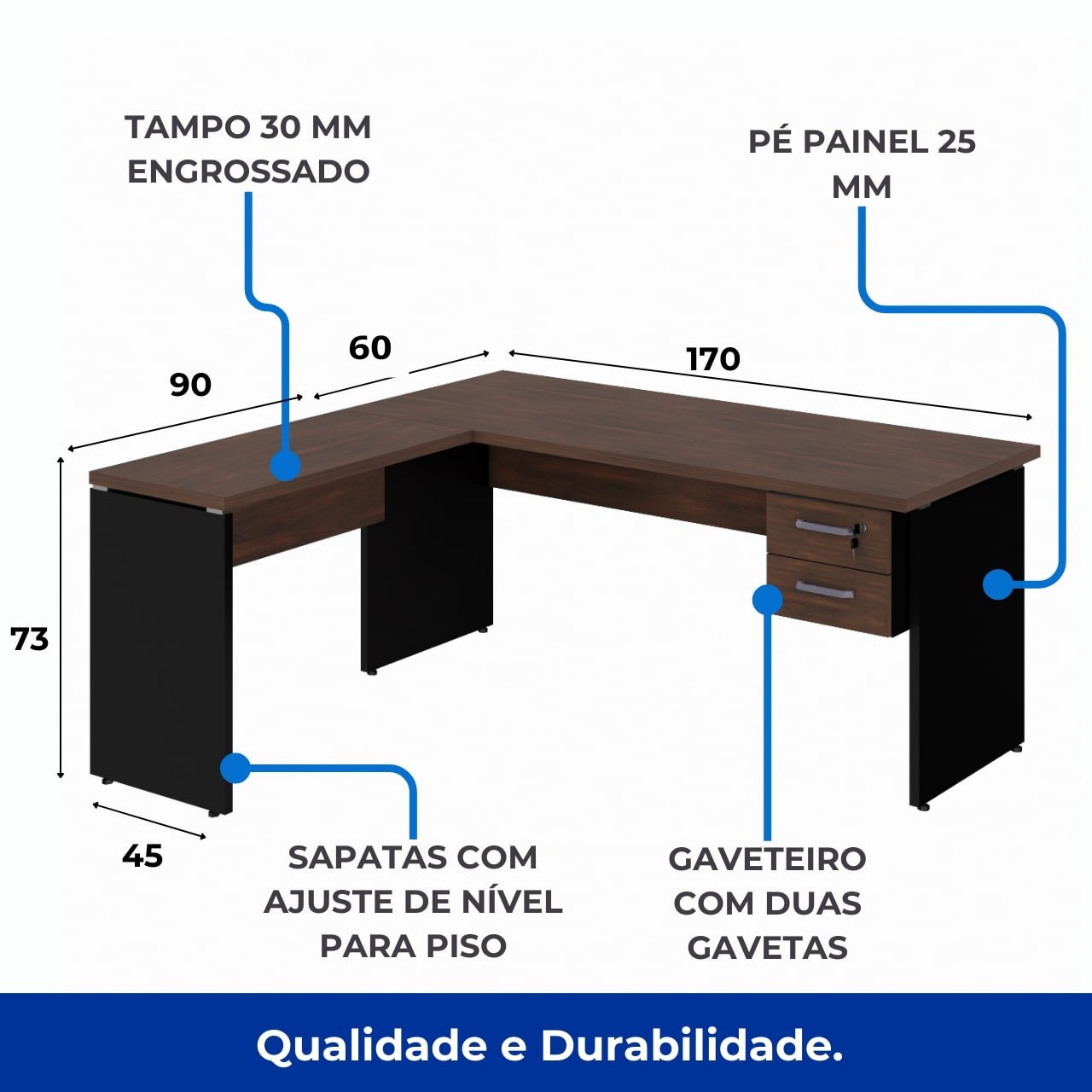 Mesa em "L" (Mesa 1,70m + Mesa Auxiliar) c/ 02 Gavetas - - Marsala / Preto - 23479 - Imagem 4