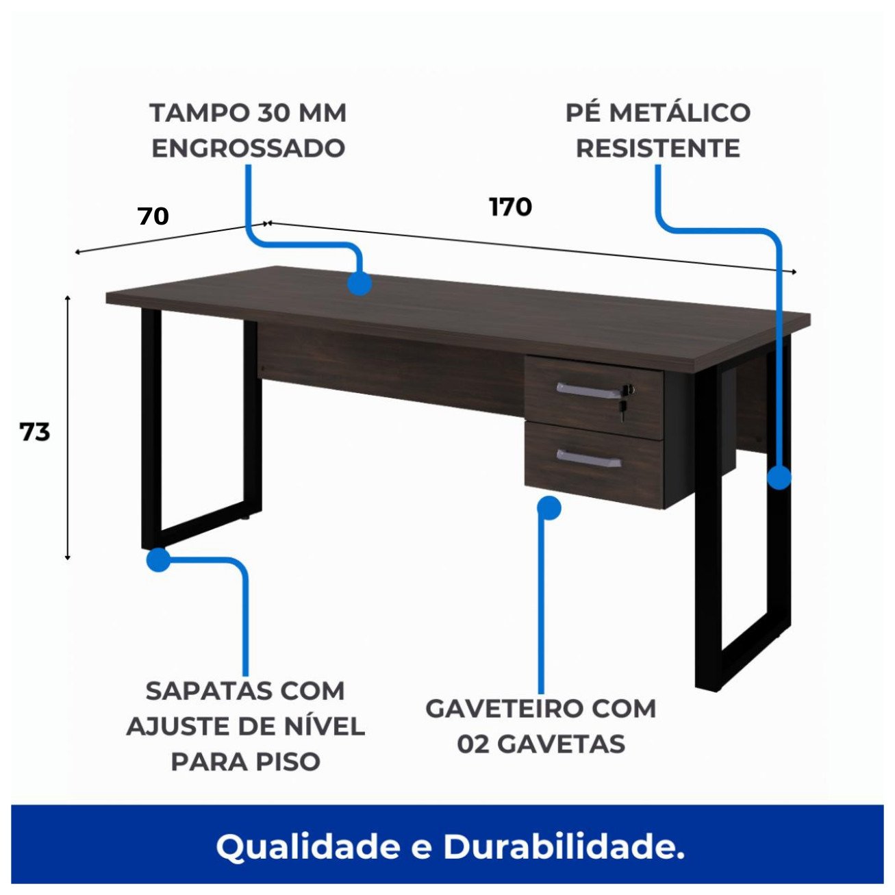 Mesa Escritório PÉ QUADRO 1,70x0,70m - C/ Gavetas - MARSALA/PRETO - 25475 - Imagem 4