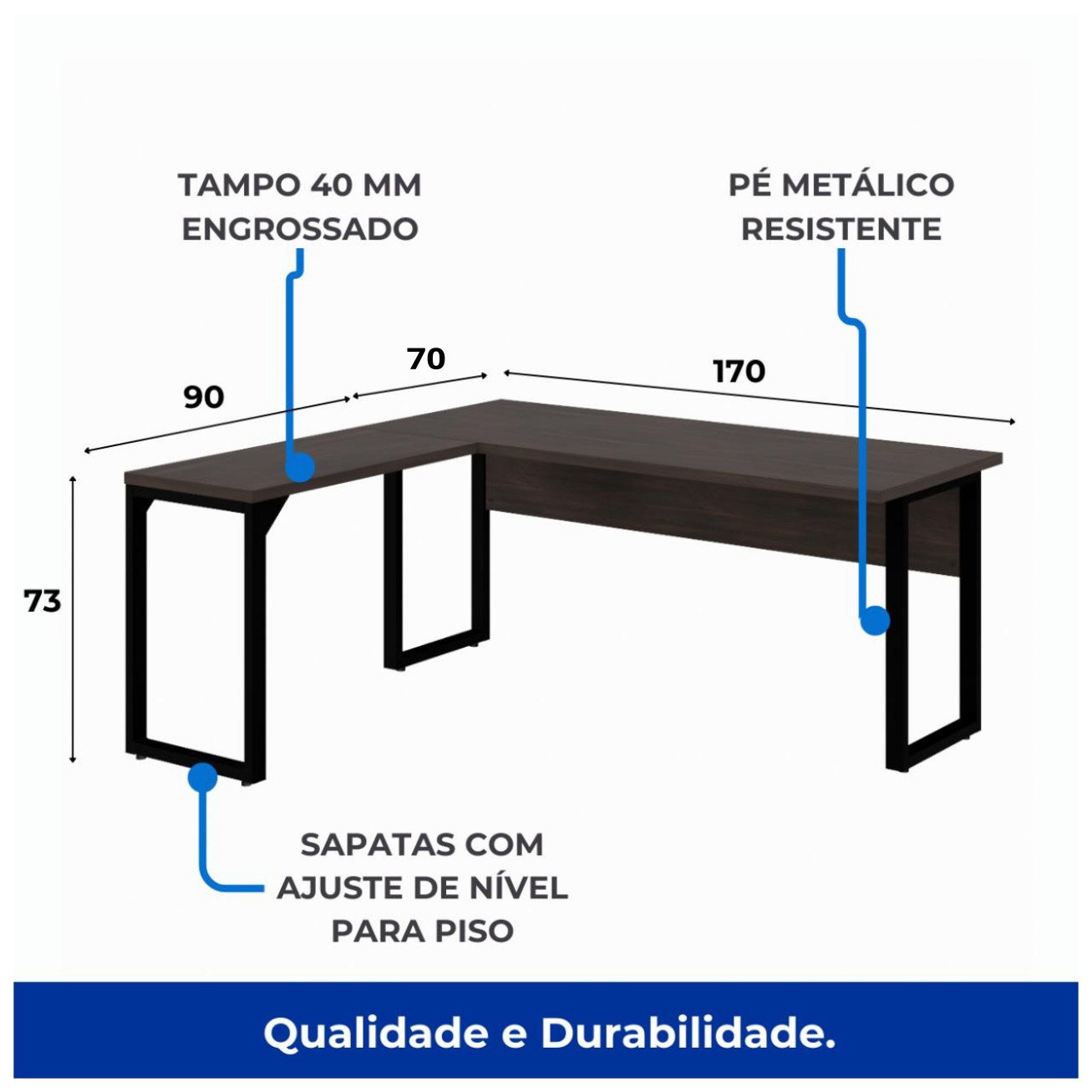 Mesa em L com PÉ QUADRO (1,70x0,70m + Mesa Auxiliar) - S/ Gavetas MARSALA/PRETO - 25478 - Imagem 6