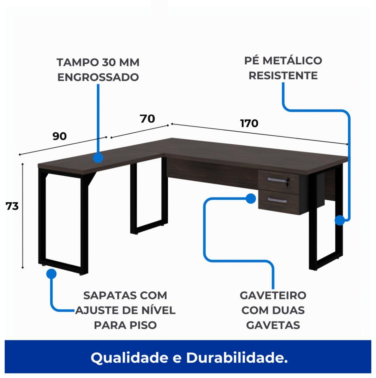 Mesa em L com PÉ QUADRO - (Mesa 1,70m x 0,70m + Mesa Auxiliar) - C/ Gavetas MARSALA/PRETO - 25479 - Imagem 4