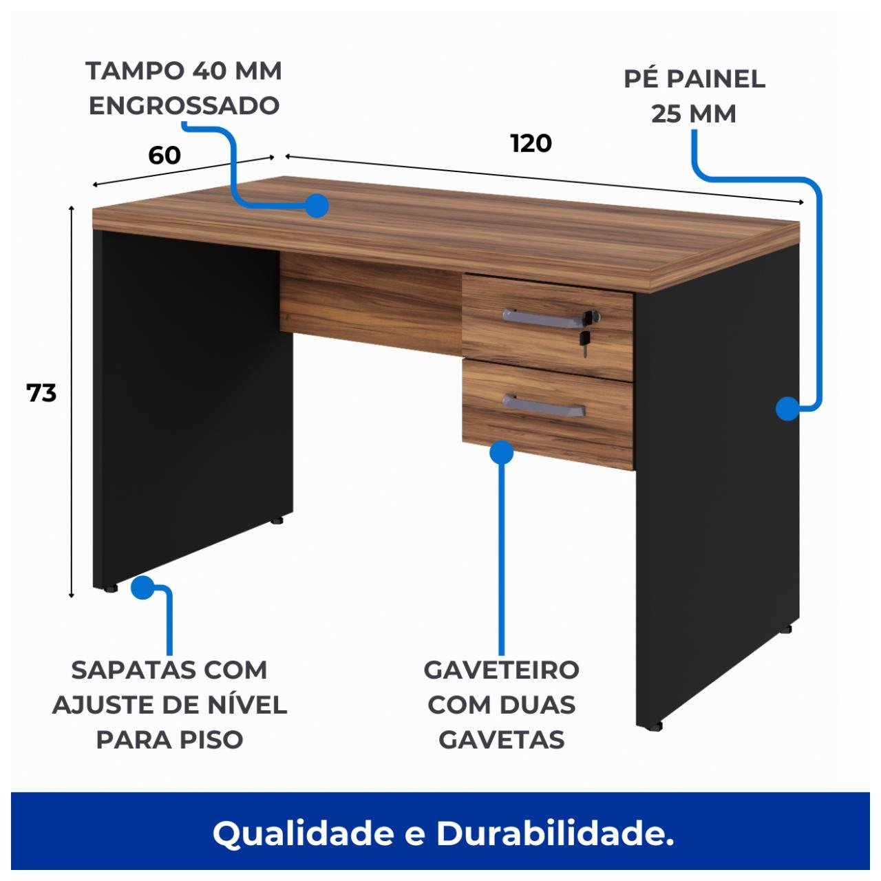 Mesa de Escritório com Gavetas 1,20x0,60m NOGAL SEVILHA/PRETO - 21471 - Imagem 5