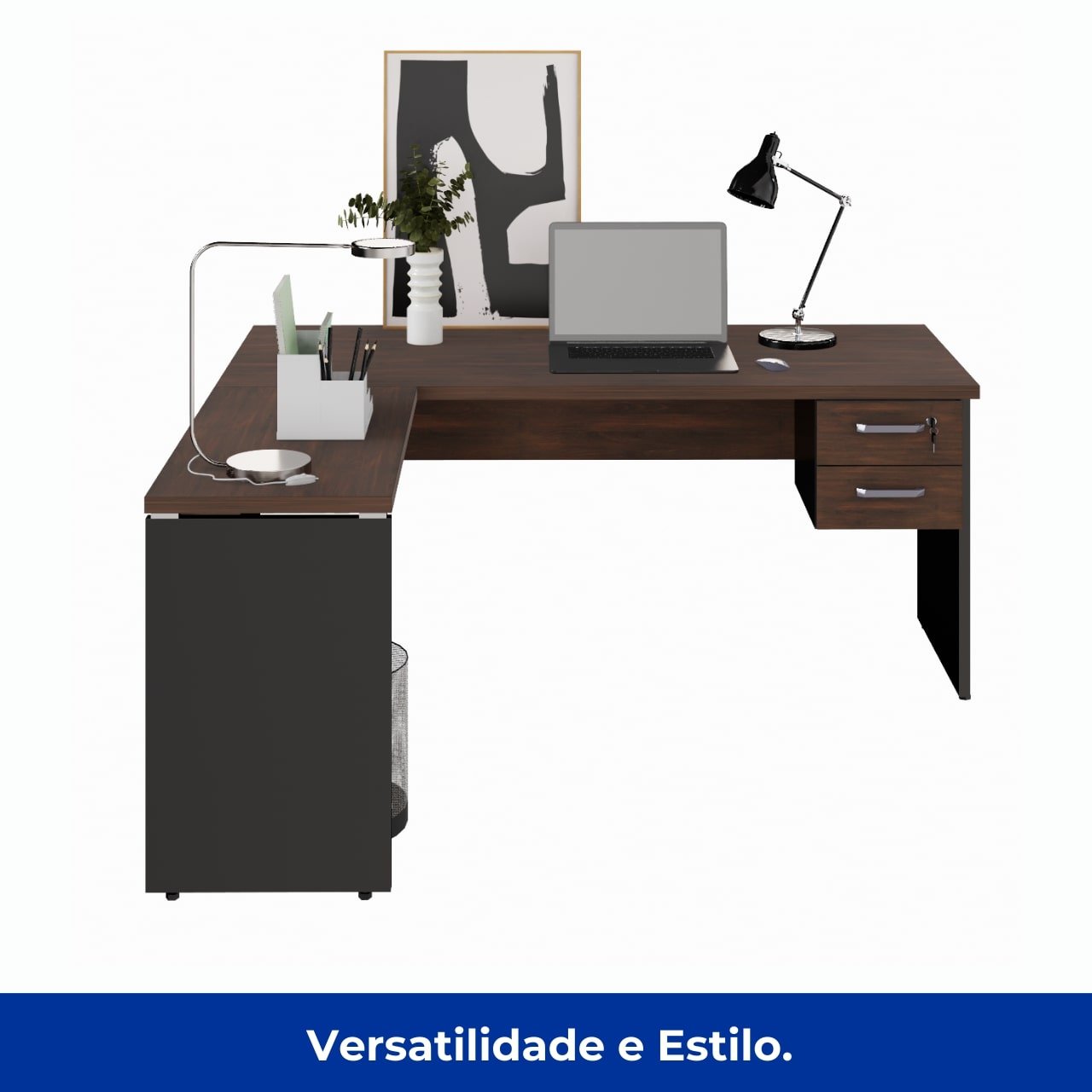 Mesa em "L" (Mesa 1,70m + Mesa Auxiliar) c/ 02 Gavetas - - Marsala / Preto - 23479 - Imagem 7