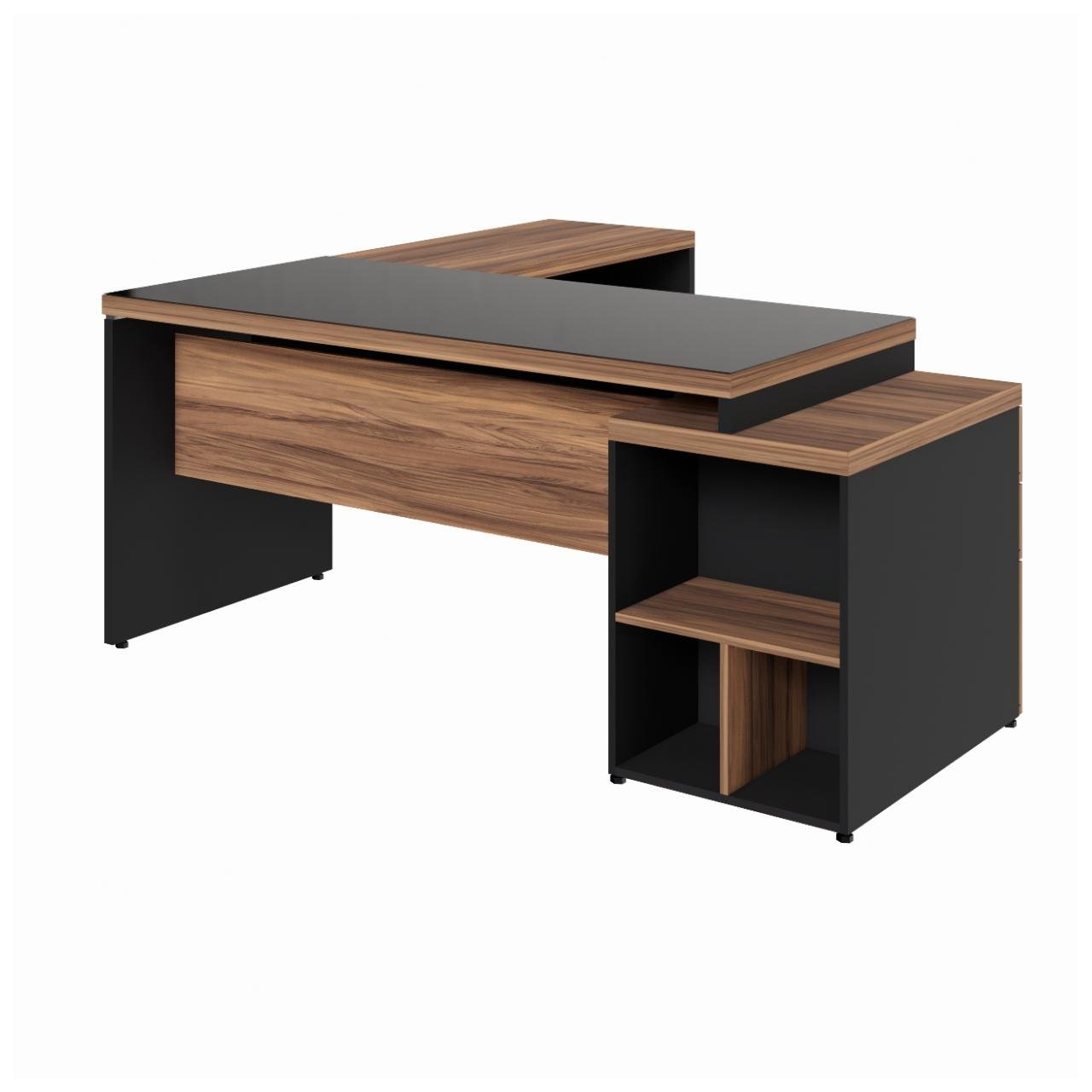 Mesa para Escritório em "L" com VIDRO FUMÊ - 1,92X1,60M NOGAL SEVILHA/PRETO - 21407 - Imagem 3