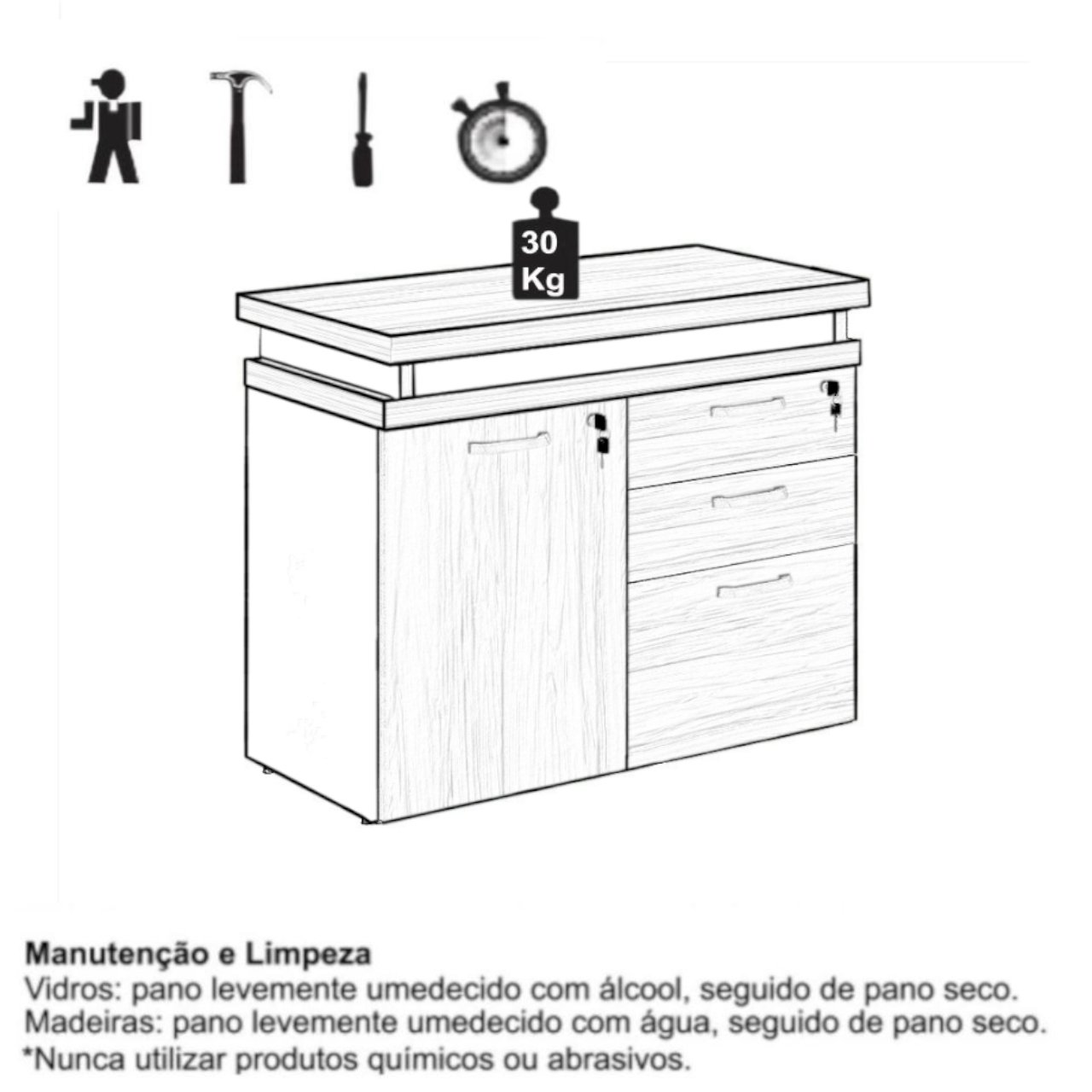 Armário Baixo 03 Gavetas e Porta (MISTO) - NOGAL SEVILHA/BRANCO - 34422 - Imagem 9