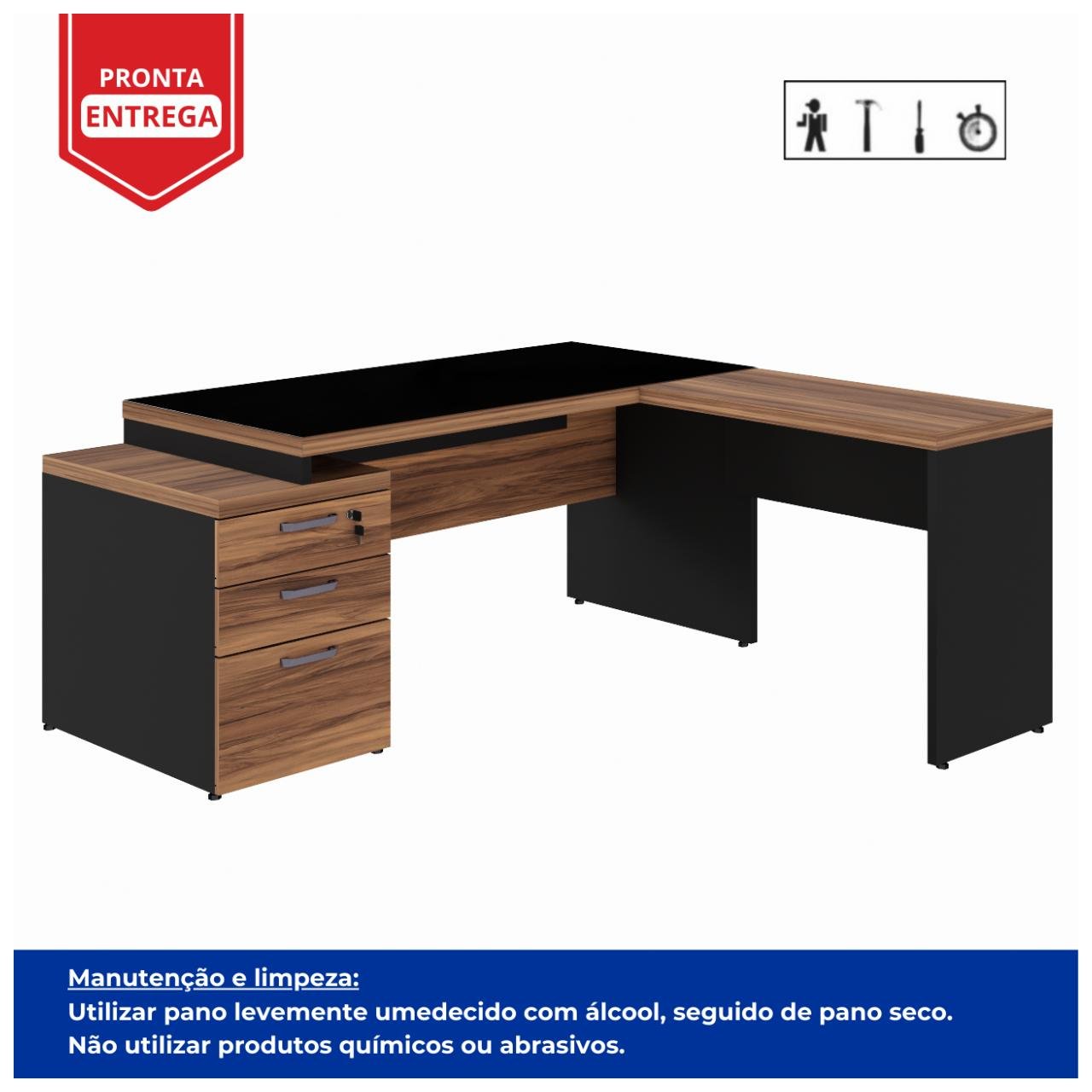 Mesa para Escritório em "L" com VIDRO FUMÊ - 1,92X1,60M NOGAL SEVILHA/PRETO - 21407 - Imagem 4
