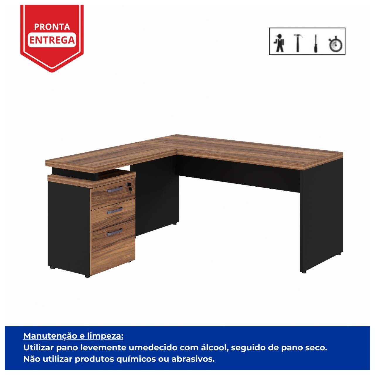 Mesa Escritório em "L" c/ Gaveteiro 1,50x1,50m NOGAL SEVILHA/PRETO - 21416 - Imagem 2