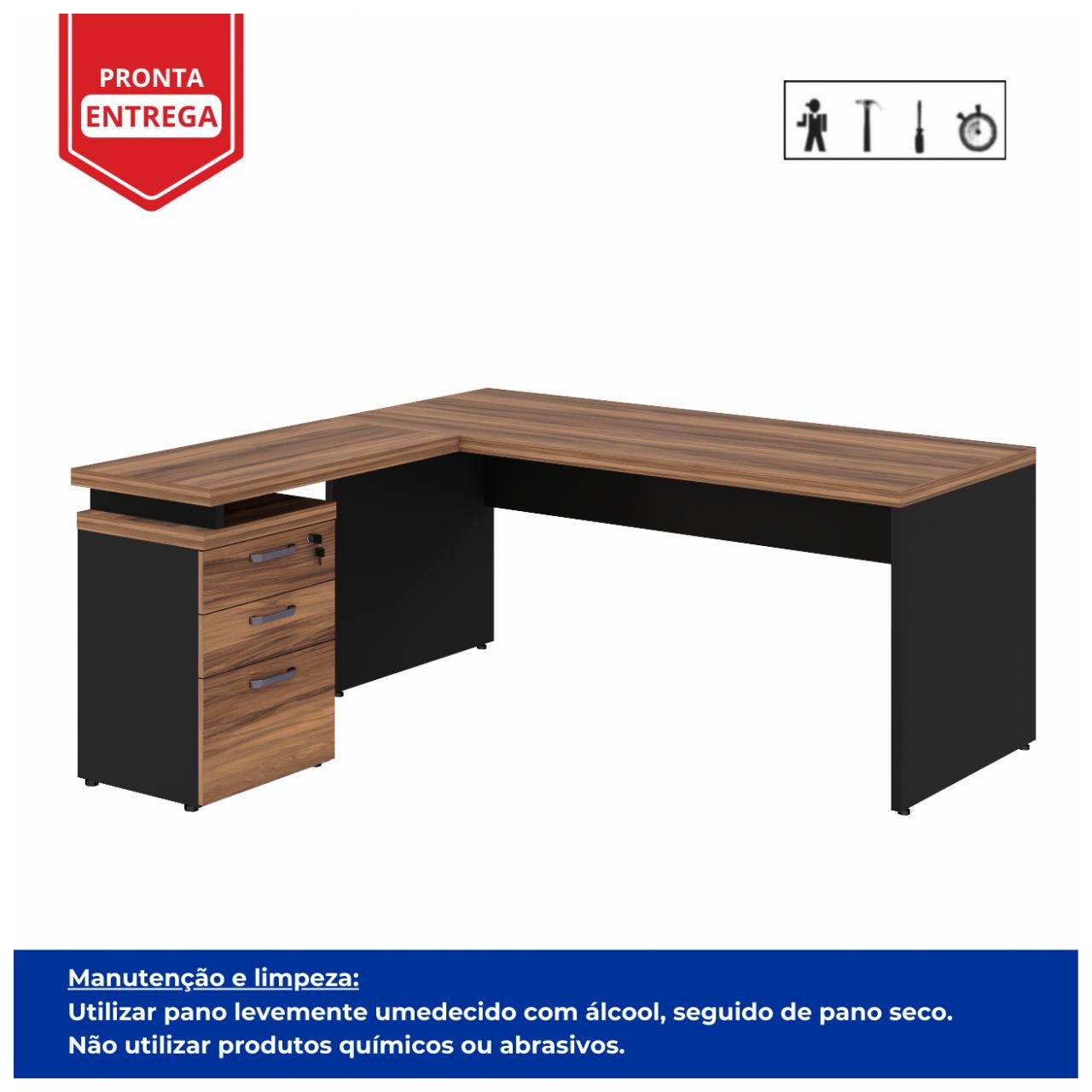 Mesa Escritório em "L" c/ Gaveteiro 1,70x1,60m NOGAL SEVILHA/PRETO - 21423 - Imagem 3